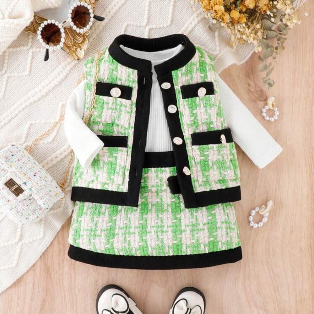 Baby Girl Houndstooth Print Contrast Trim Vest Jacket & Skirt